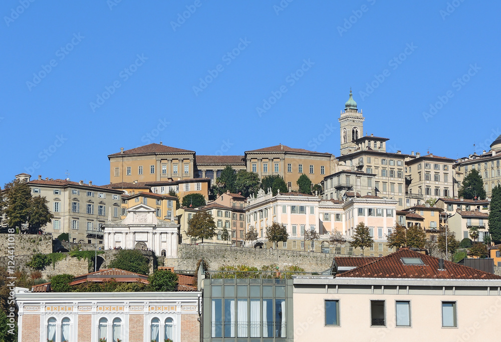 Bergamo - Old city (Citta Alta). One of the beautiful city in Italy. Lombardia. Landscape on the old city during a wonderful blu day