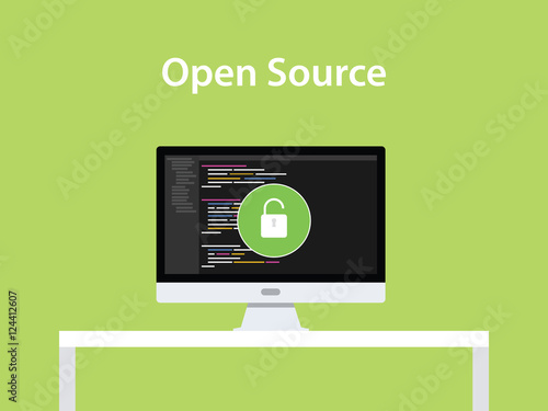 open source concept illustration with pc computer desktop on top of the table with code programming and padlock icon