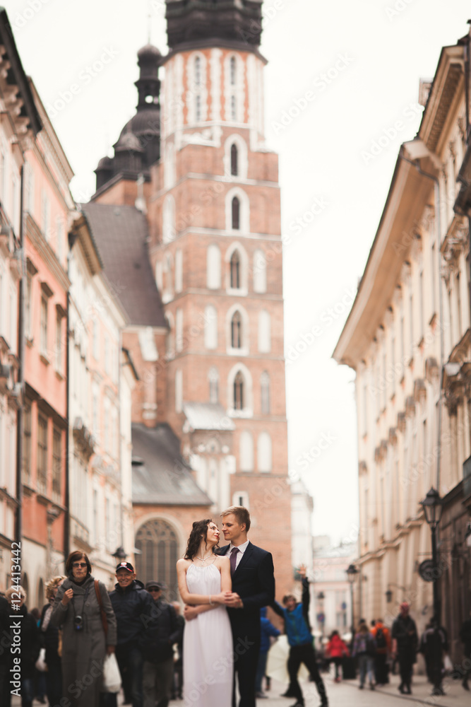 Gorgeous wedding couple, bride, groom kissing and hugging standing in the crowd Gorgeous wedding couple, bride, groom kissing and hugging standing in the crowd