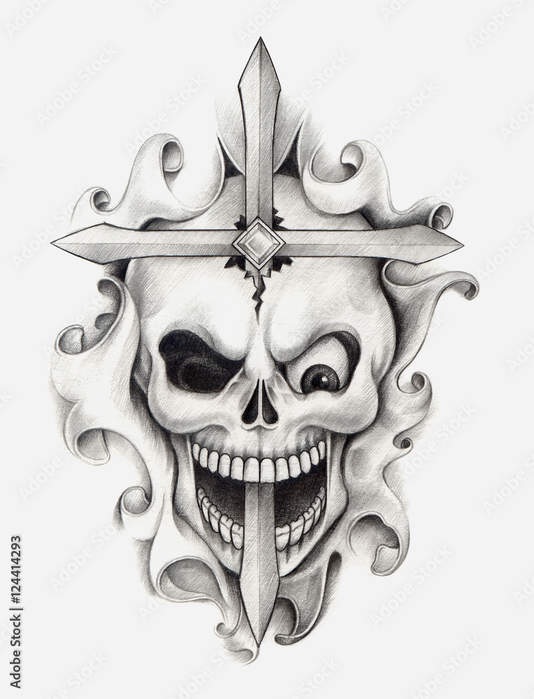 Skull art tattoo.Art design head skull mix cross and graphic for tattoo hand pencil drawing on paper.