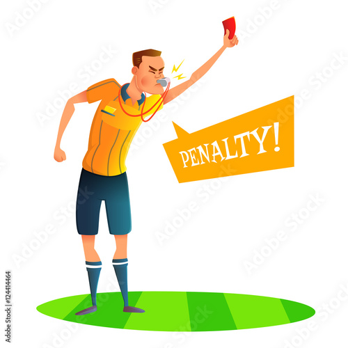 Cartoon soccer referee character design. Judge showing red card. Vector illustratio