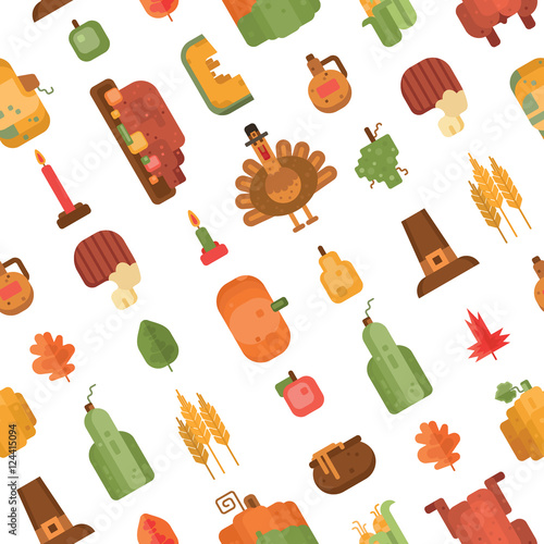 Colorful seamless pattern with flat geometric icons for Thanksgiving day on grey background. Traditional Thanksgiving symbols and things. Elements for postcard or invitation or wrapping paper. 