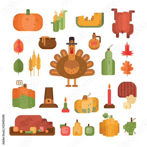 Colorful seamless pattern with flat geometric icons for Thanksgiving day on grey background. Traditional Thanksgiving symbols and things. Elements for postcard or invitation or wrapping paper . 