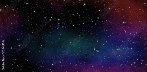 New panoramic looking into deep space. Dark night sky full of stars. Secrets of the universe. 