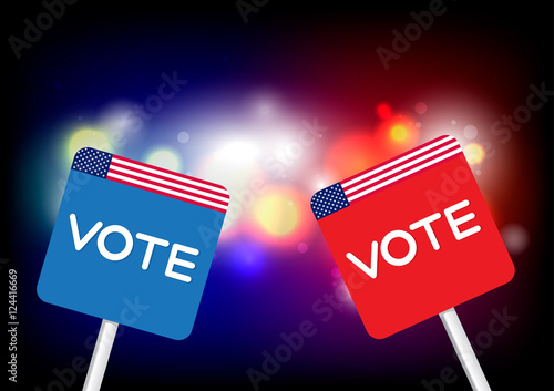 The concept of voting, signboard with the word Vote on paper with flag USA Blue and Red on abstract background