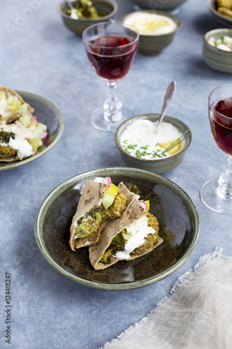 Charred Broccoli Falafel with Charred Lemon Tahini and Tzatziki