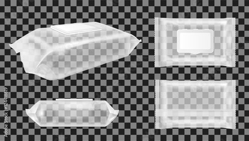 Transparent wet wipes package with flap. Blank food snack pack f