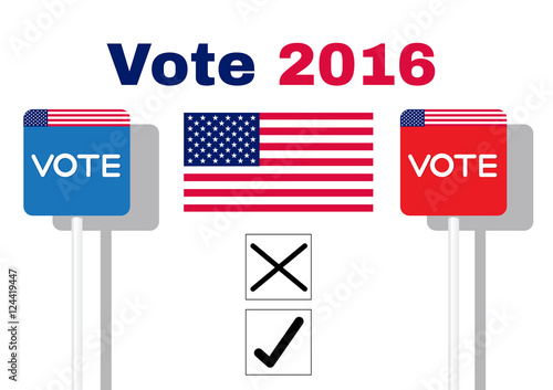 The concept of voting, signboard with the word Vote on paper with flag USA Blue and Red on white background