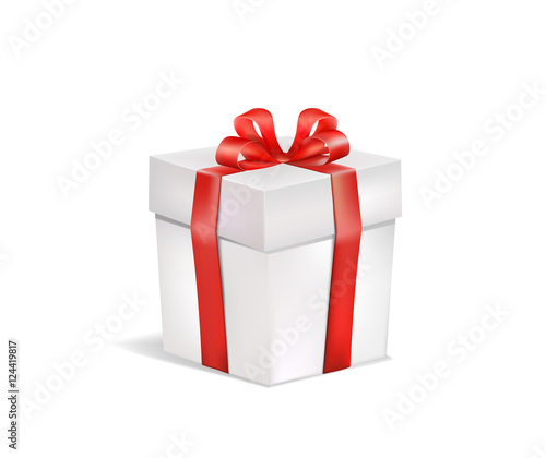 a gift in a white cardboard box with a red ribbon
