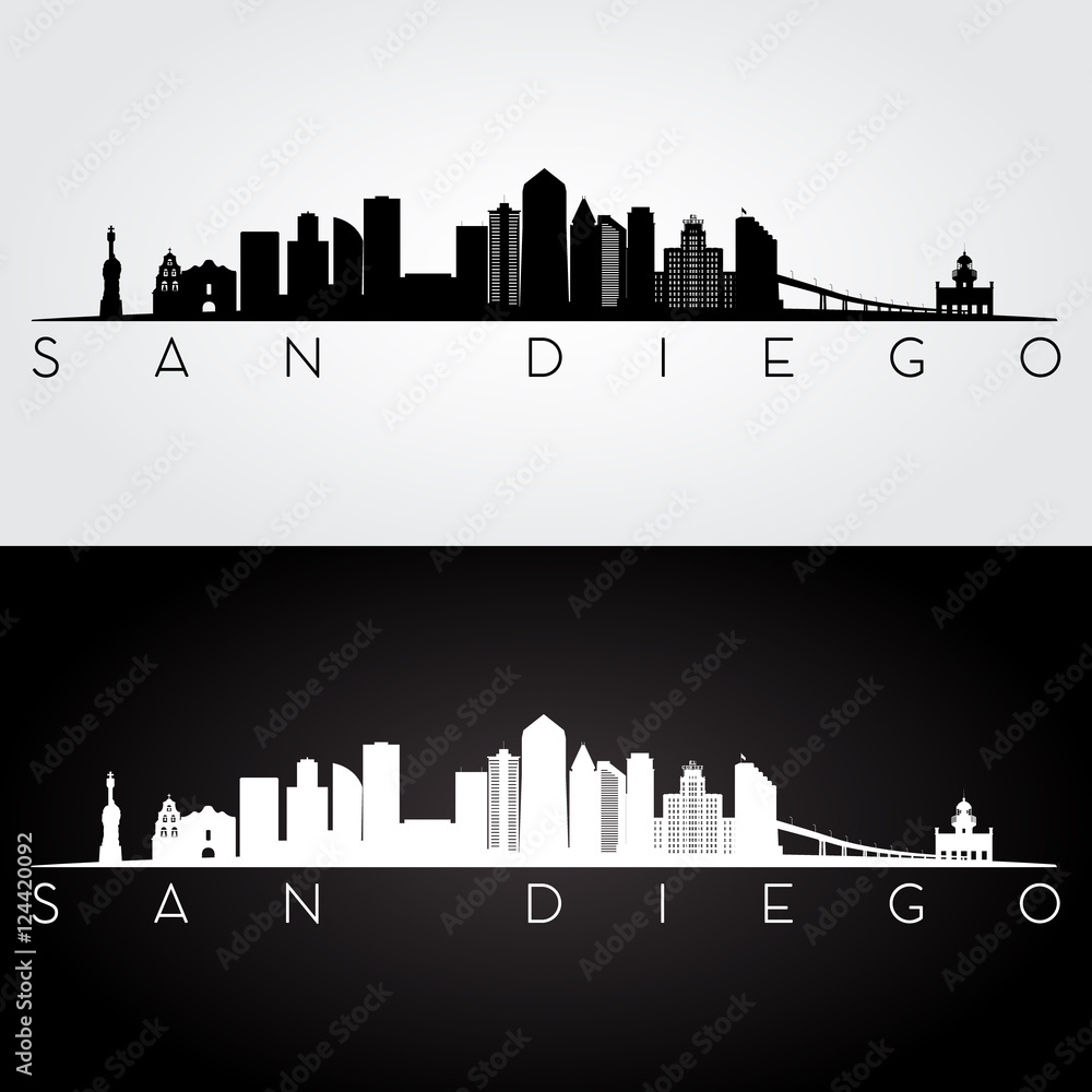 San Diego USA skyline and landmarks silhouette, black and white design, vector illustration.