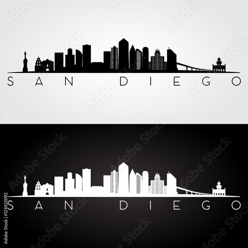 San Diego USA skyline and landmarks silhouette, black and white design, vector illustration.