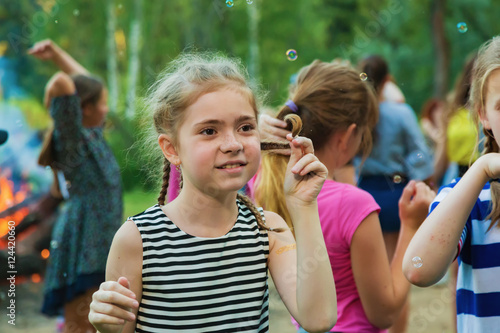 Children have fun at the evening celebration. Children's camp "Berezka".Editorial. Russia. Yaroslavl region 
