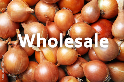 Word WHOLESALE on background. Fresh onions  closeup. Trading concept.