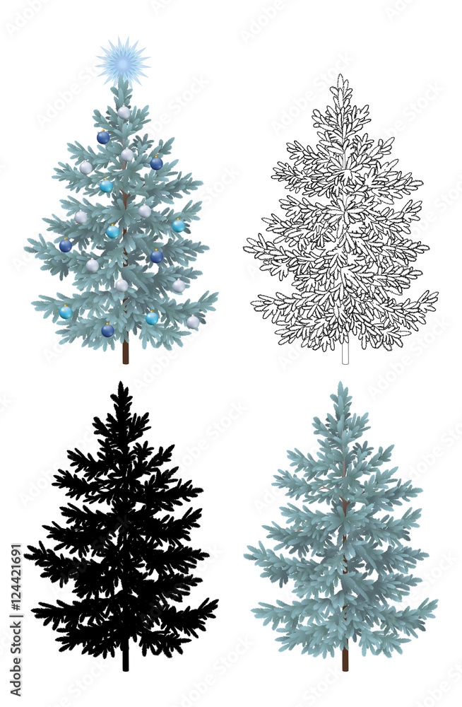 Set of Christmas Trees, with Holiday Decorations, Blue Star and Balls, Green Naturalistic and Black Outlines Contours and Silhouettes Isolated On White. Eps10, Contains Transparencies. Vector Set of Christmas Trees, with Holiday Decorations, Blue Star and Balls, Green Naturalistic and Black Outlines Contours and Silhouettes Isolated On White. Eps10, Contains Transparencies. Vector