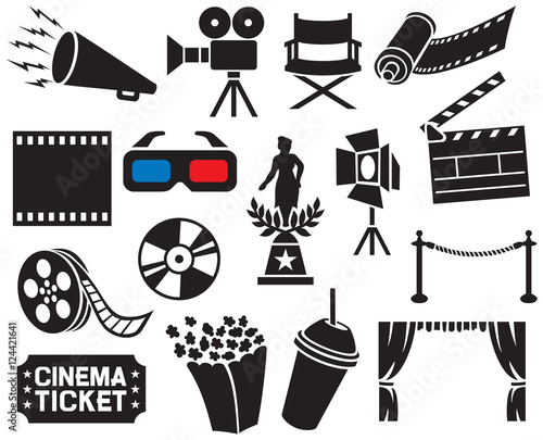 cinema icons collection (film strip, popcorn, clapboard, camera, ticket, movie director chair, dvd, cd, film roll, stage projector, award, 3D glasses, reel)