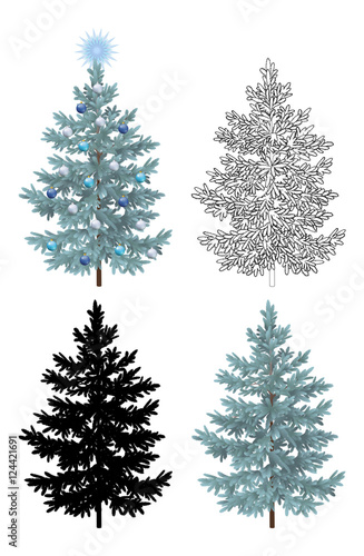 Fototapet Set of Christmas Trees, with Holiday Decorations, Blue Star and Balls, Green Naturalistic and Black Outlines Contours and Silhouettes Isolated On White