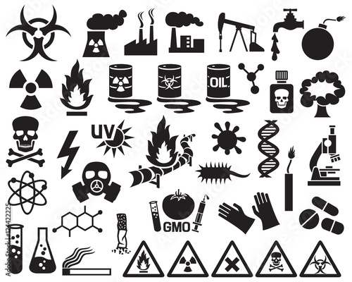 hazard, pollution and danger icons set (barrels with nuclear waste, gas mask, cigarette, DNA, dynamite, explosion, factory, biohazard, radiation sign, pipeline)