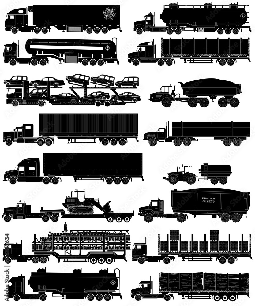Trucks with trailers silhouettes set. Vector illustration