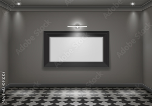 The interior of a dark room with the lower lights and the big picture. Vector graphics