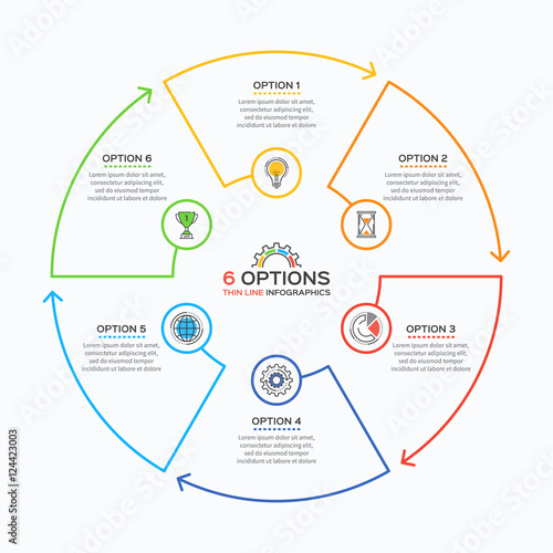 Thin line infographic template with 6 options. 