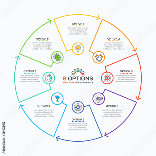 Thin line infographic template with 8 options. 