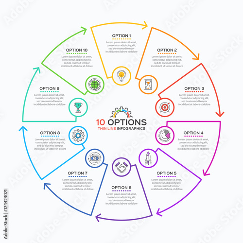 Thin line infographic template with 10 options. 