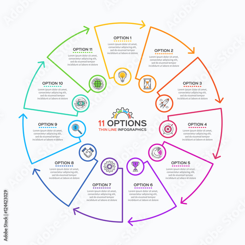 Thin line infographic template with 11 options. 