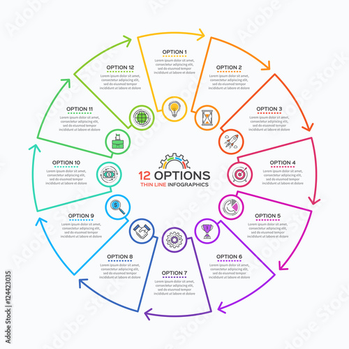 Thin line infographic template with 12 options. 