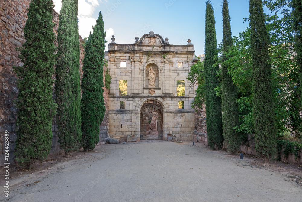 The neoclassical facade of the monastery church. Ruins of the Carthusian Monastery of Scala Dei, Catalan, Cartoixa de Santa Maria d Escaladei, is one of the most important historic sites of Priorat