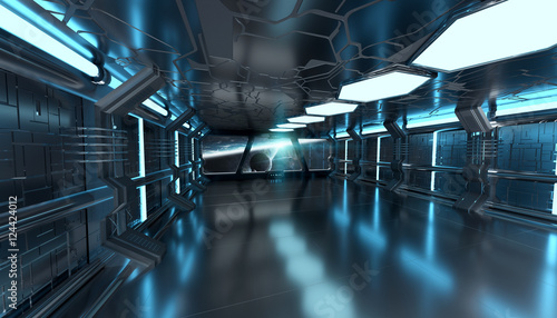 Spaceship interior with view on distant planets system 3D render