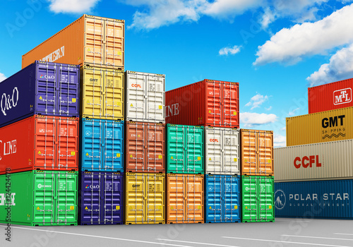 Stacked cargo containers in freight sea port terminal