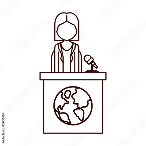 avatar woman on tribune for speech with earth planet icon. vector illustration