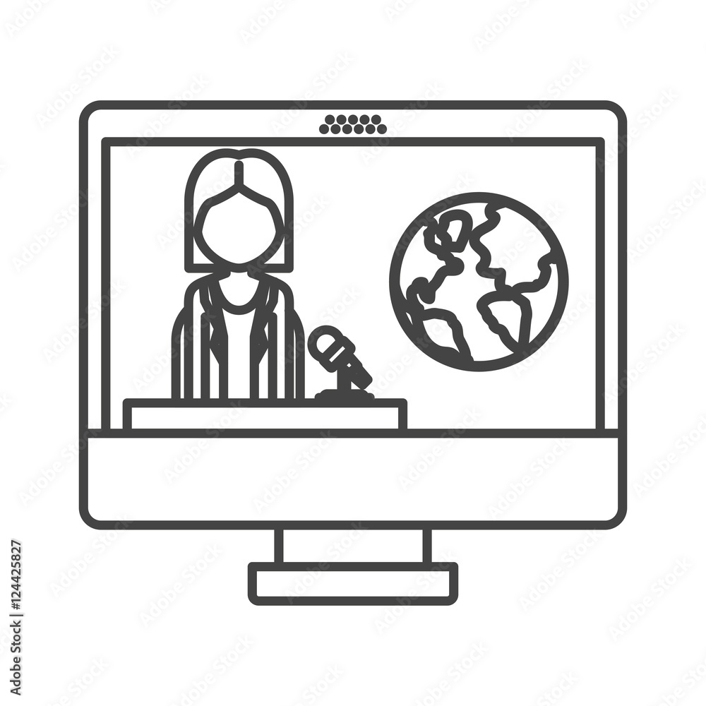 computer monitor with news journalist man and earth icon on screen. vector illustration computer monitor with news journalist man and earth icon on screen. vector illustration
