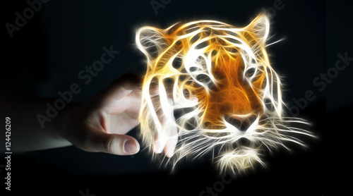 Fototapeta Naklejka Na Ścianę i Meble -  Person touching fractal endangered tinger illustration 3D render