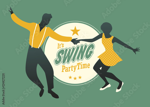 Swing Party Time: Young couple silhouette dancing swing, rock or lindy hop