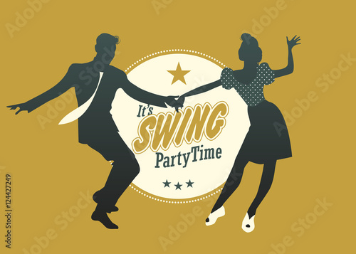 Swing Party Time: Young couple silhouette dancing swing, rock or lindy hop