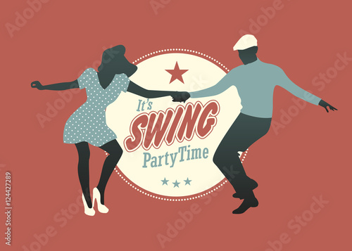 Swing Party Time: Young couple silhouette dancing swing, rock or lindy hop