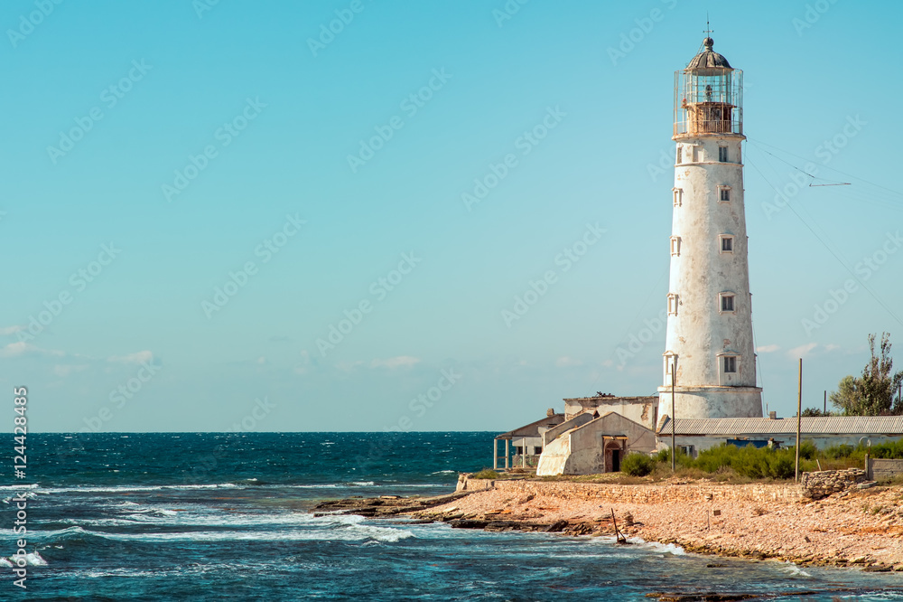 Lighthouse Building on seaside with Blue Sky on Background Landmark of Tarhankut, Crimea