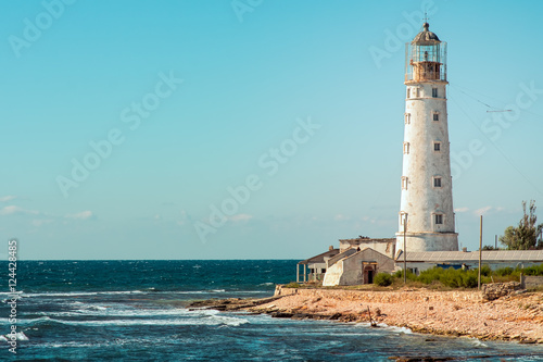 Lighthouse Building on seaside with Blue Sky on Background Landmark of Tarhankut, Crimea