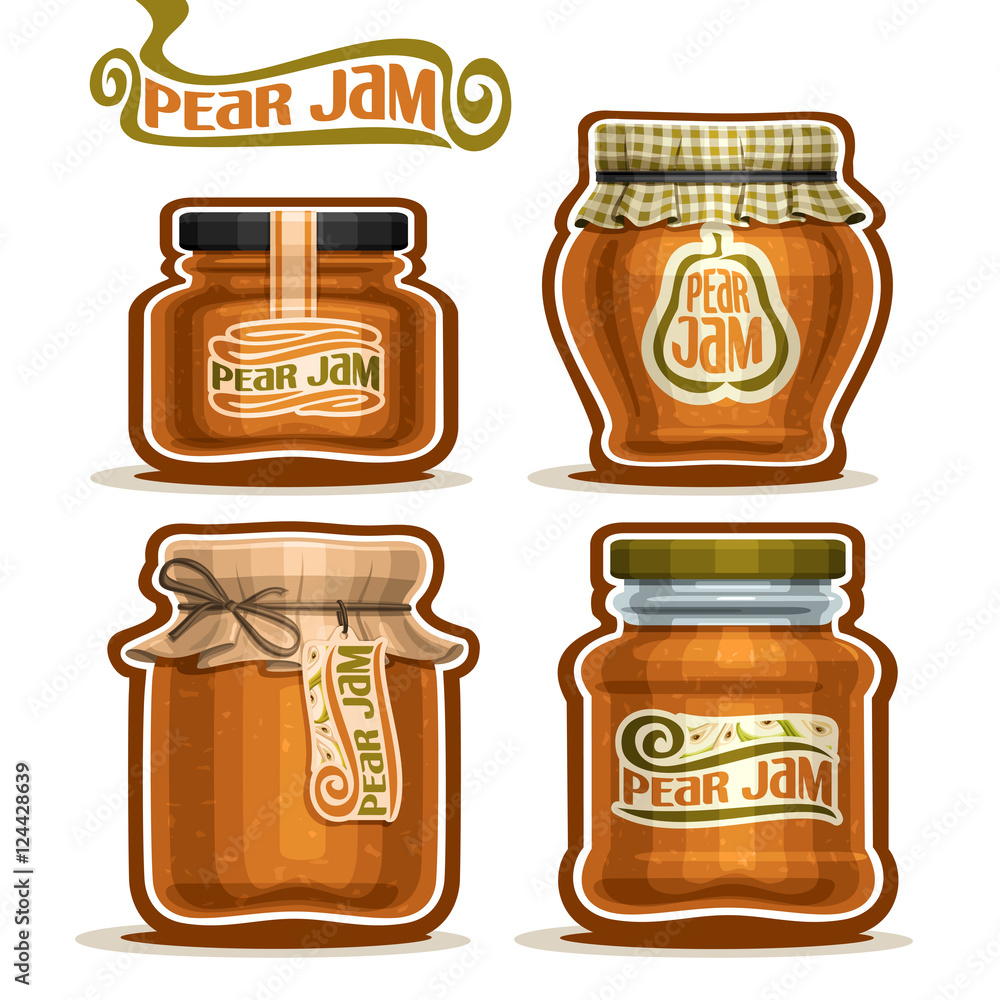 Vector logo Pear Jam in glass Jars with paper cover lid, rustic Pot home  made pear