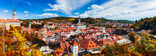 Panorama Cesky Krumlov. Castle, Tower, St. Vitus Church in cityscape Cesky Krumlov, Czech republic. Sunny autumn day. UNESCO World Heritage Site