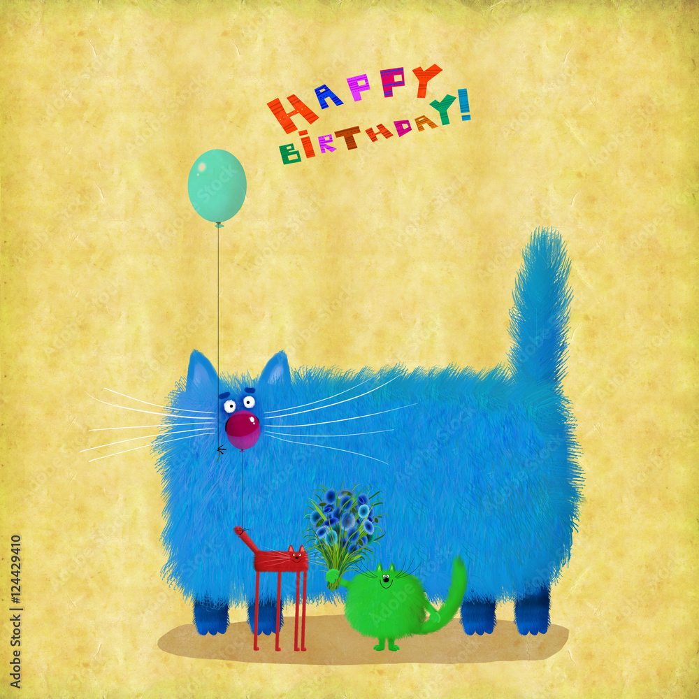 Birthday Card Cats With Balloons And Flowers Stock Illustration | Adobe ...