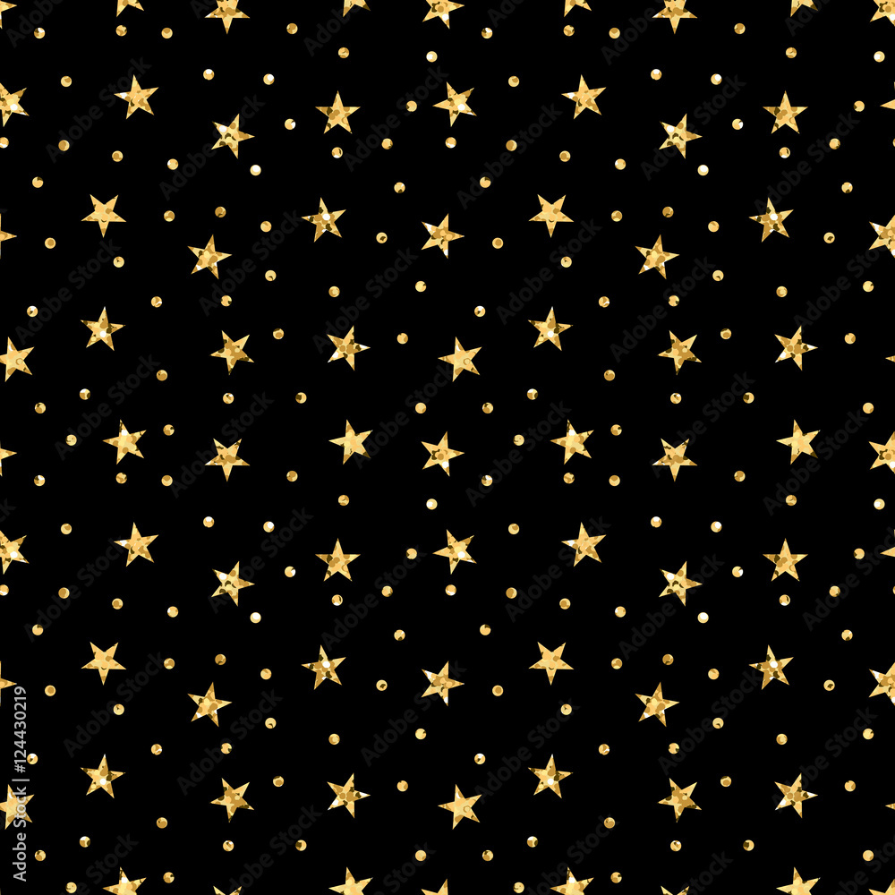 Stars polka dots seamless pattern gold and black retro background. Abstract bright golden design for wallpaper, christmas decoration, confetti, textile, wrapping. Symbol holiday Vector illustration Stars polka dots seamless pattern gold and black retro background. Abstract bright golden design for wallpaper, christmas decoration, confetti, textile, wrapping. Symbol holiday Vector illustration
