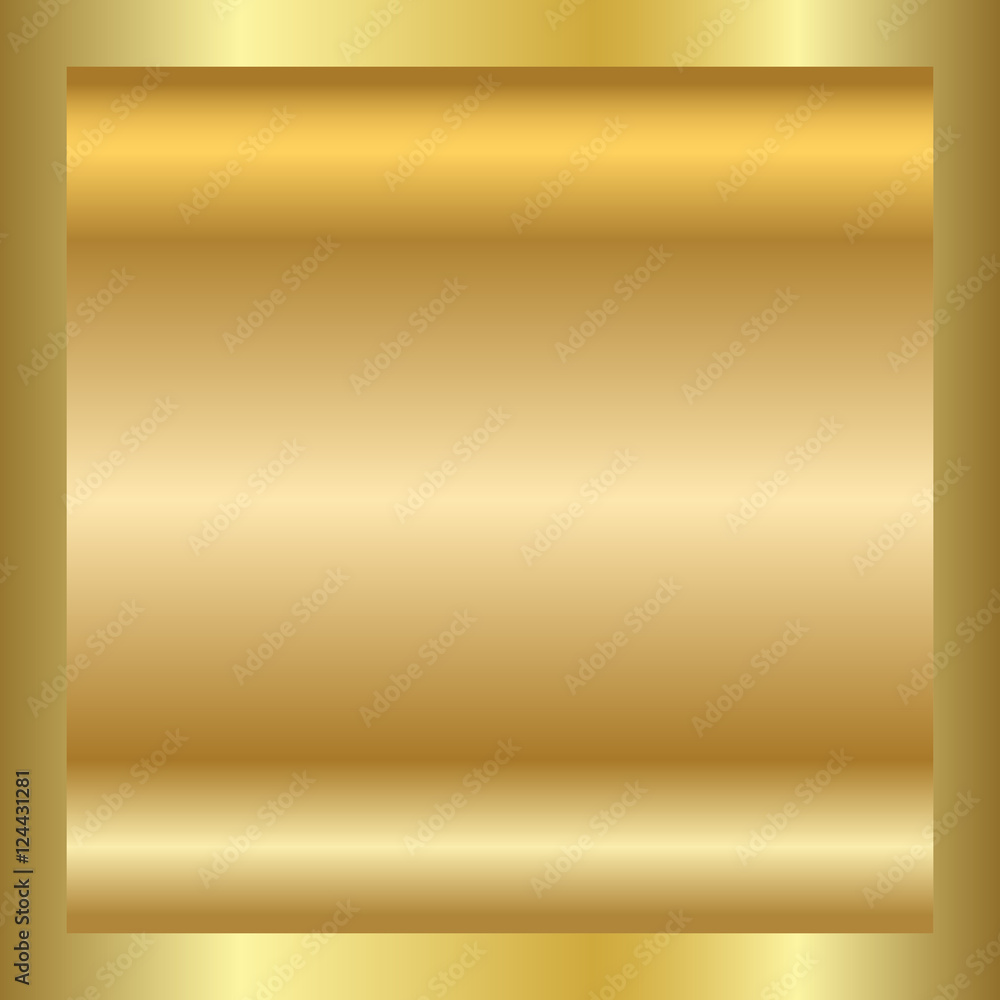 Gold texture in square golden frame. Gradient smooth material background. Textured bright metal light, shiny. Metallic blank decoration pattern. Abstract art banner, invitation. Vector Illustration