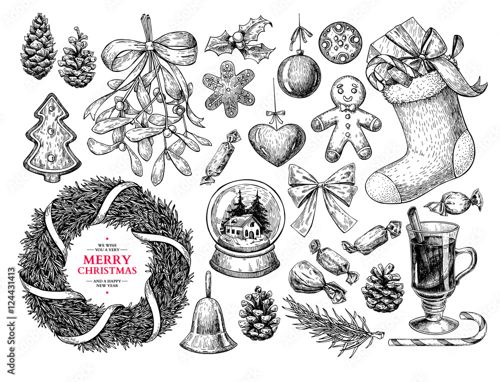 Christmas object set. Hand drawn vector illustration. Xmas icons