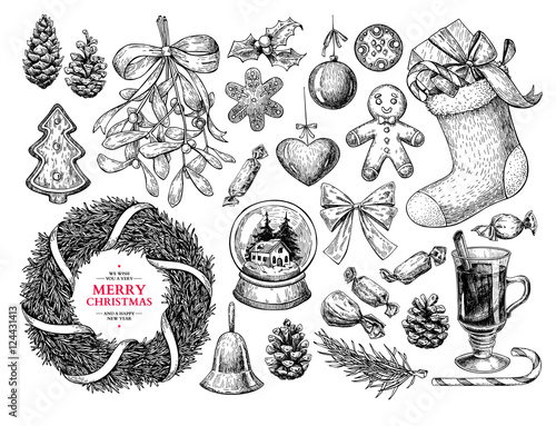 Christmas object set. Hand drawn vector illustration. Xmas icons