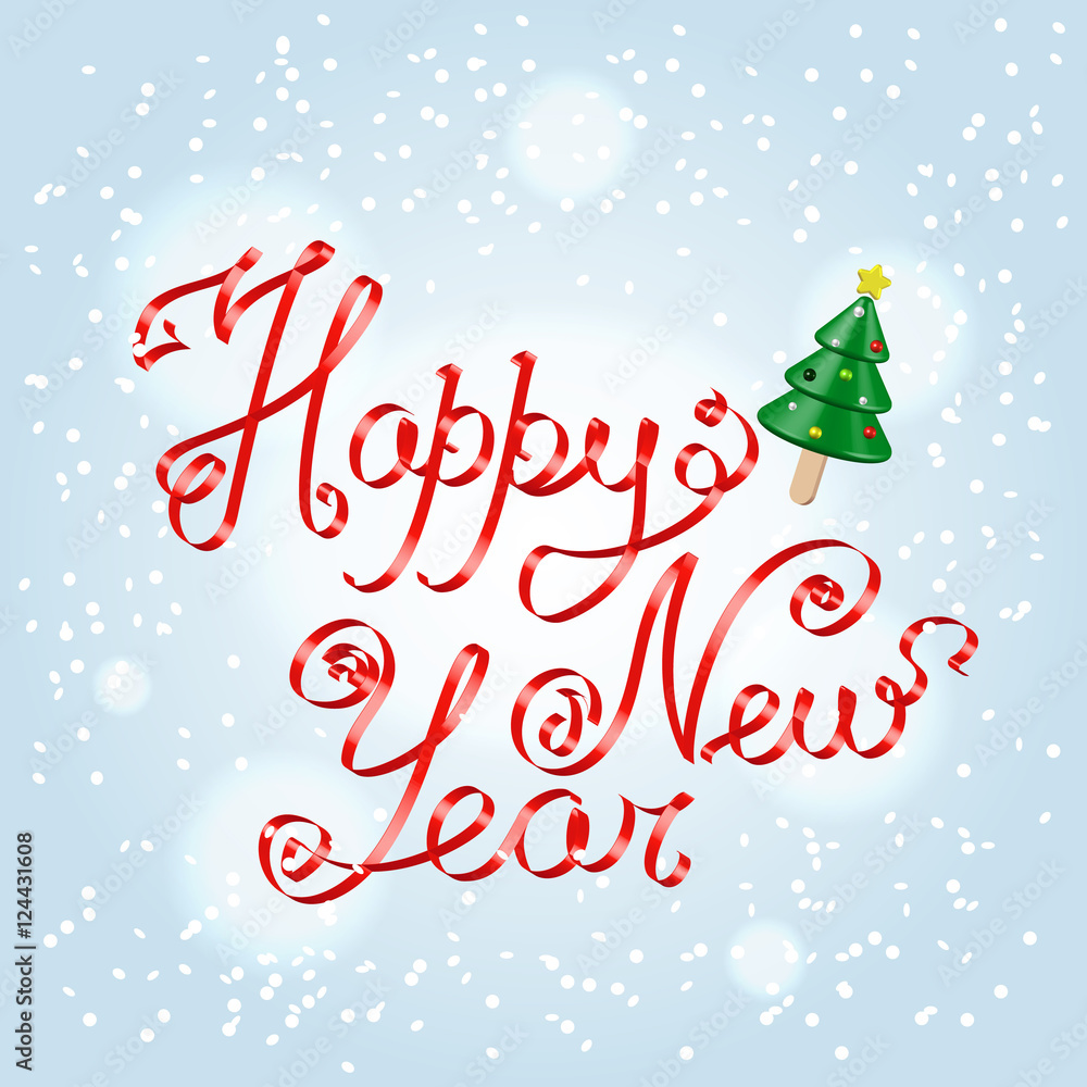 Happy New Year red satin ribbon decorative lettering over light blue snowing background, with festive christmas tree ice cream