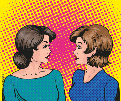 Pop art retro comic vector illustration. Two woman talk to each other