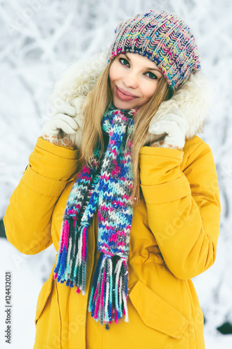 Winter Woman happy smiling fashion clothing outdoor Travel Lifestyle snow nature on background