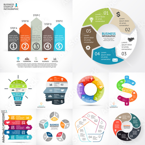 Vector circle infographic set. Business diagrams, arrows graphs, linear presentations, idea cycle charts. Data options, parts, 5 steps. Light bulb, businessman brain, puzzle dollar.
